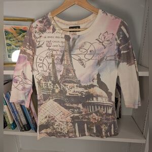 Y2K Women's Top Paris Print Pink Purple Rhinestones Size Small Jeweled Cyber